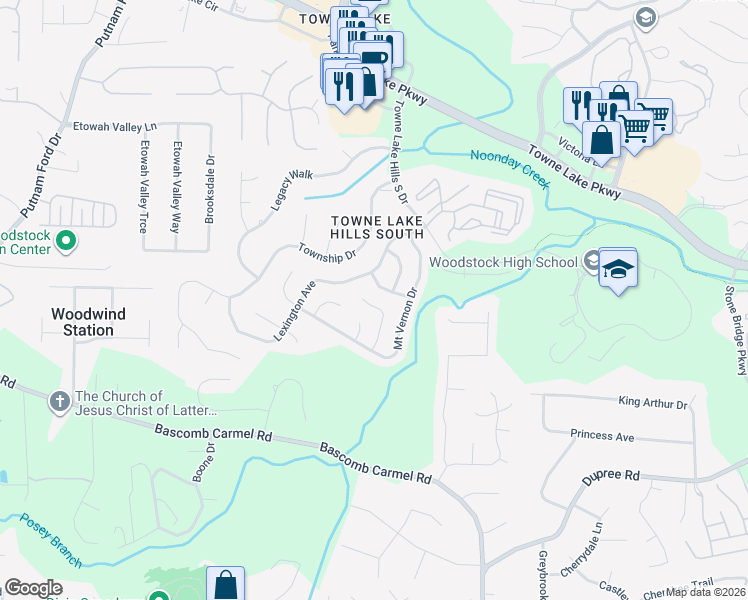 map of restaurants, bars, coffee shops, grocery stores, and more near 320 Chesapeake Ridge in Woodstock