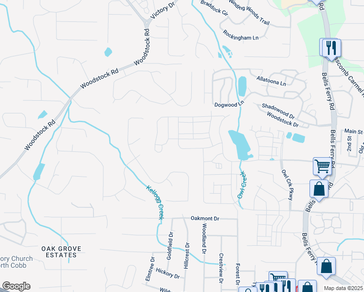 map of restaurants, bars, coffee shops, grocery stores, and more near 290 Brighton Bend Lane in Acworth