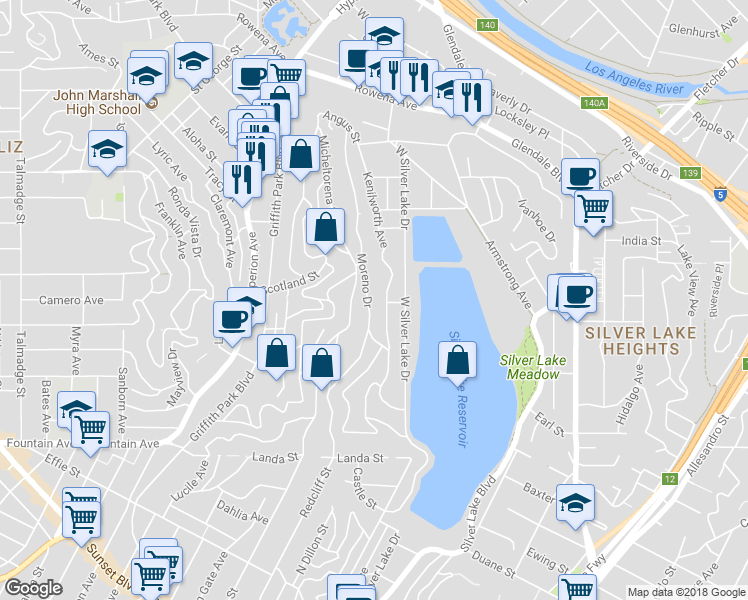map of restaurants, bars, coffee shops, grocery stores, and more near 2258 Moreno Drive in Los Angeles