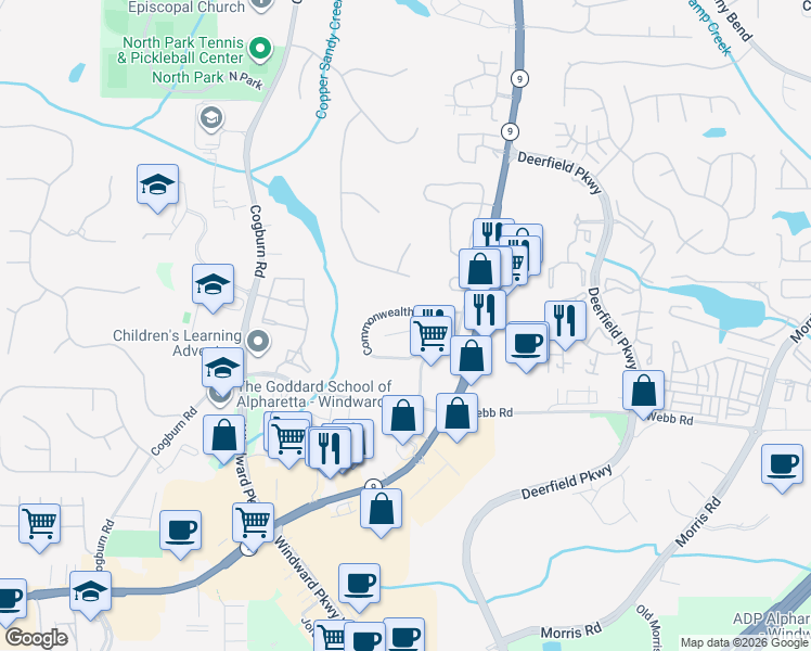 map of restaurants, bars, coffee shops, grocery stores, and more near 3112 Commonwealth Way in Alpharetta