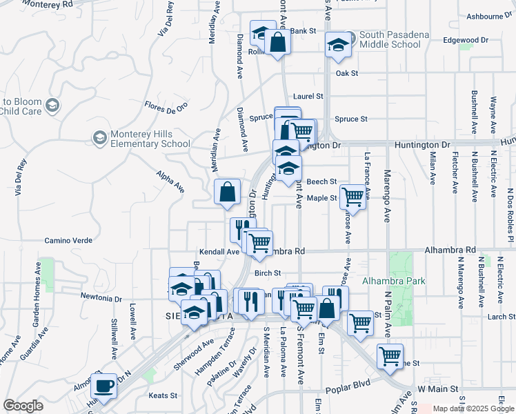 map of restaurants, bars, coffee shops, grocery stores, and more near 1159 Huntington Drive in South Pasadena