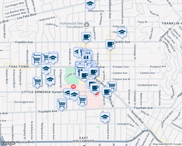 map of restaurants, bars, coffee shops, grocery stores, and more near 1611 North Vermont Avenue in Los Angeles