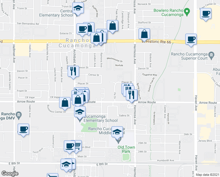 map of restaurants, bars, coffee shops, grocery stores, and more near 9945 Placer Street in Rancho Cucamonga