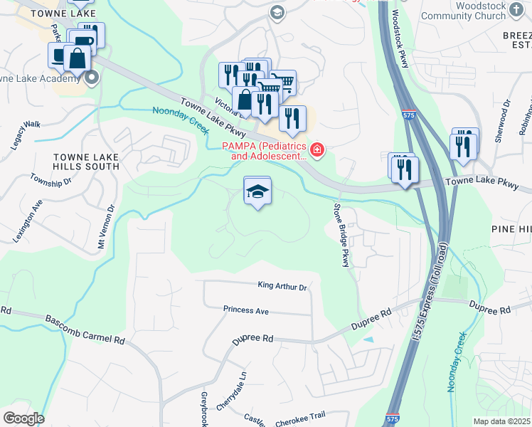 map of restaurants, bars, coffee shops, grocery stores, and more near 2010 Towne Lake Hills South Drive in Woodstock