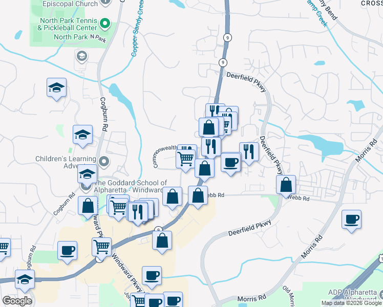 map of restaurants, bars, coffee shops, grocery stores, and more near 13125 Commonwealth Point in Alpharetta