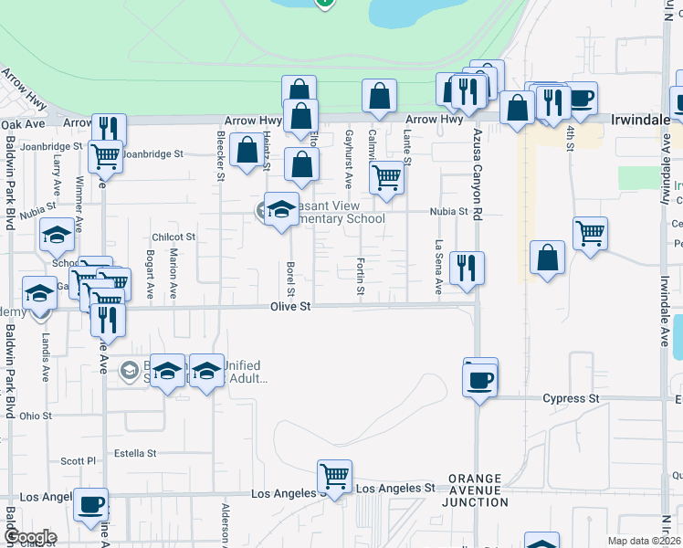 map of restaurants, bars, coffee shops, grocery stores, and more near 15163 Masline Street in Baldwin Park