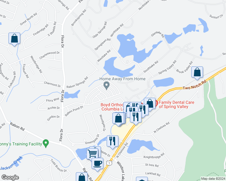 map of restaurants, bars, coffee shops, grocery stores, and more near 924 Yarrow Lane in Columbia