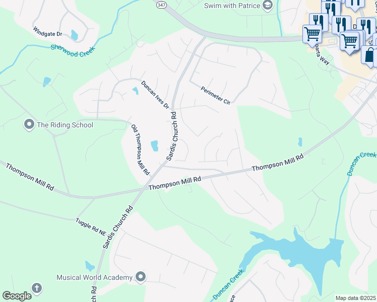 map of restaurants, bars, coffee shops, grocery stores, and more near Millstone Walk Drive Northeast in Buford