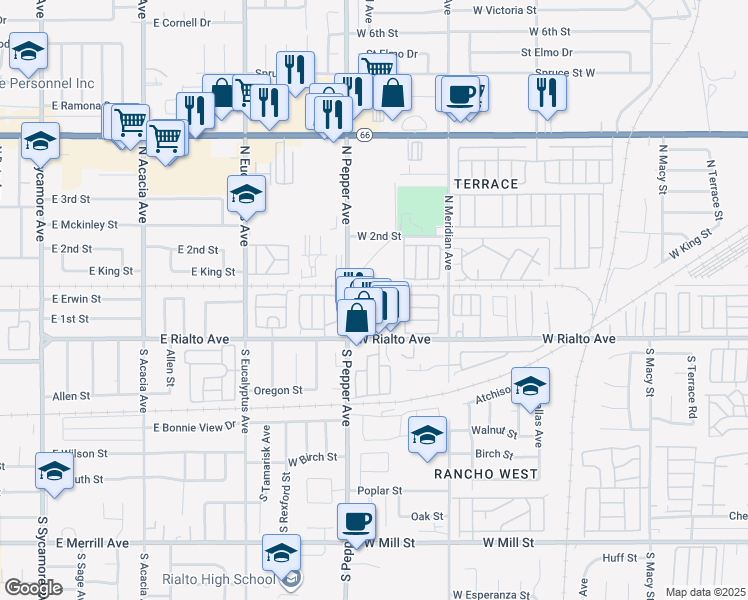 map of restaurants, bars, coffee shops, grocery stores, and more near 135 North Pepper Avenue in Rialto