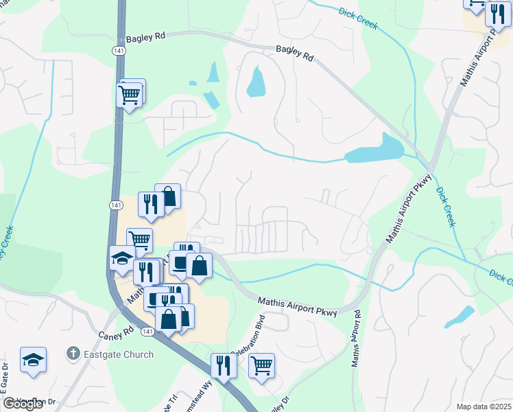 map of restaurants, bars, coffee shops, grocery stores, and more near 3280 Warbler Way in Cumming