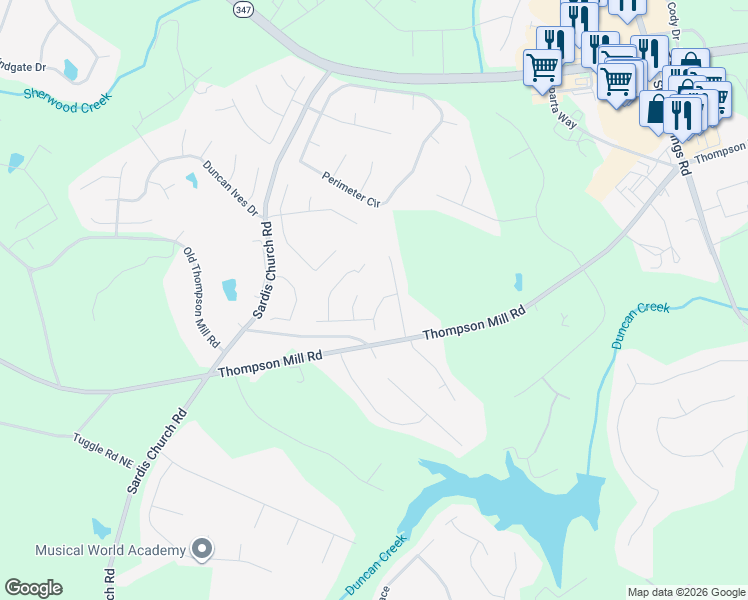 map of restaurants, bars, coffee shops, grocery stores, and more near 2537 Summer Song Way Northeast in Buford