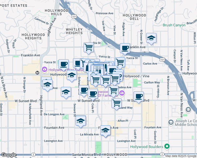 map of restaurants, bars, coffee shops, grocery stores, and more near in Los Angeles
