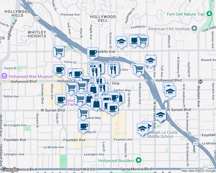 map of restaurants, bars, coffee shops, grocery stores, and more near 1633 North Gower Street in Los Angeles