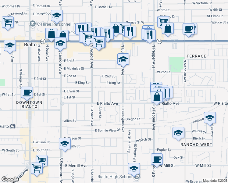 map of restaurants, bars, coffee shops, grocery stores, and more near 646 North Primrose Avenue in Rialto