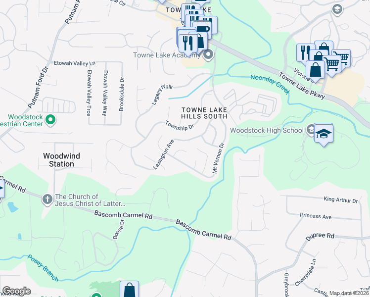map of restaurants, bars, coffee shops, grocery stores, and more near 511 Mount Vernon Lane in Woodstock