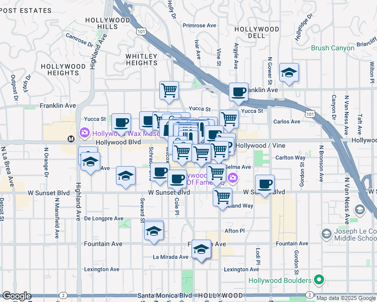 map of restaurants, bars, coffee shops, grocery stores, and more near in Los Angeles