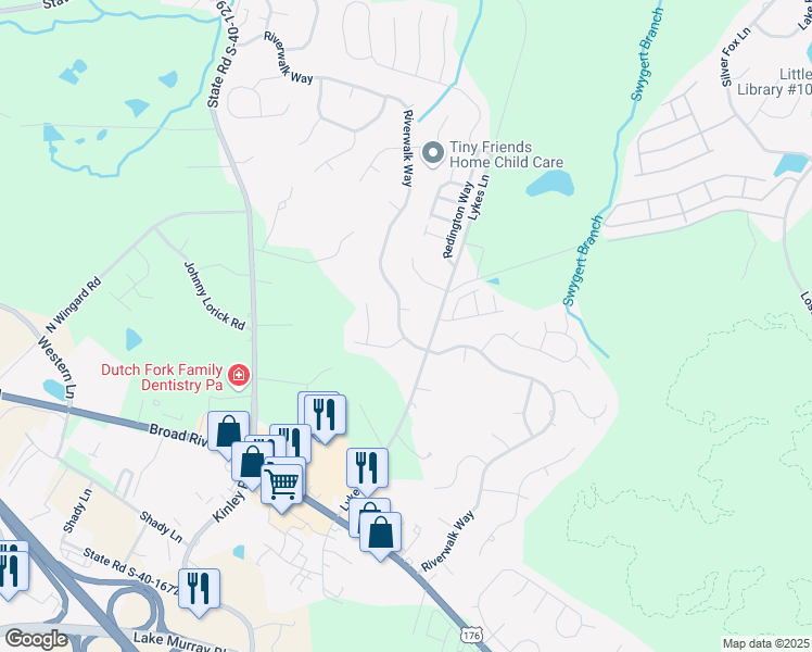 map of restaurants, bars, coffee shops, grocery stores, and more near 616 Riverwalk Way in Irmo