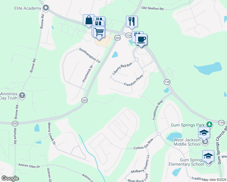 map of restaurants, bars, coffee shops, grocery stores, and more near 1509 Washington Rose Avenue in Hoschton