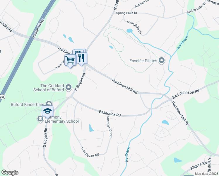 map of restaurants, bars, coffee shops, grocery stores, and more near 3964 Hamilton Mill Road in Buford