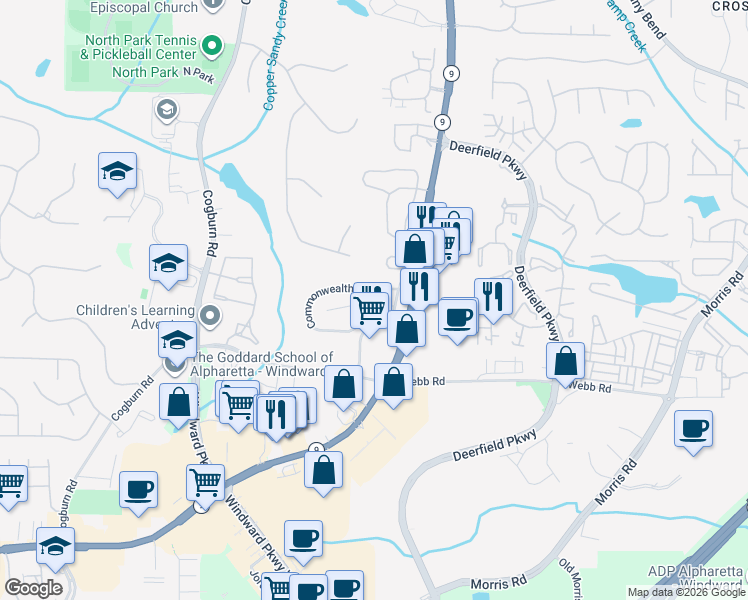map of restaurants, bars, coffee shops, grocery stores, and more near 3136 Commonwealth Way in Alpharetta