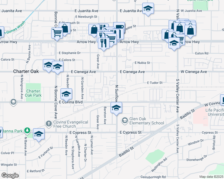 map of restaurants, bars, coffee shops, grocery stores, and more near 1195 North Sunflower Avenue in Covina