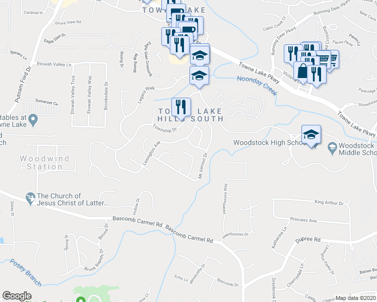 map of restaurants, bars, coffee shops, grocery stores, and more near 320 Chesapeake Ridge in Woodstock
