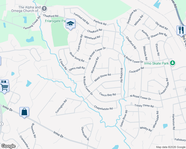 map of restaurants, bars, coffee shops, grocery stores, and more near 112 Maid Stone Court in Irmo