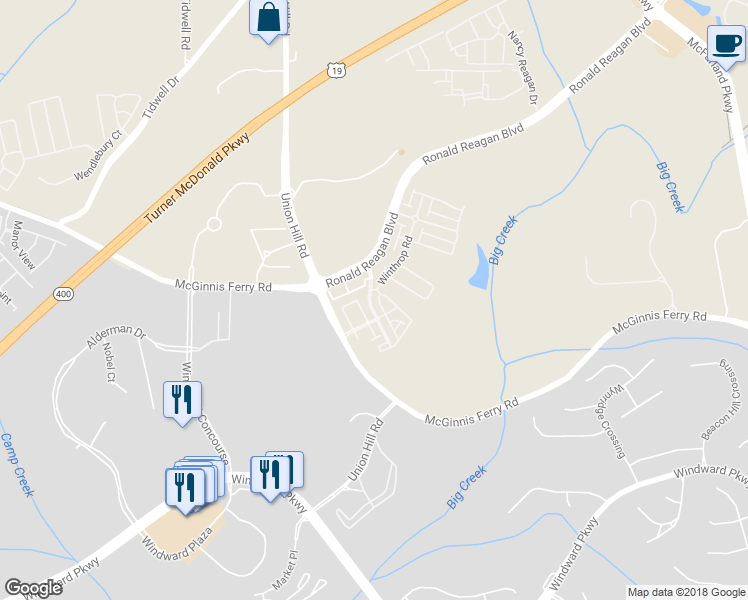 map of restaurants, bars, coffee shops, grocery stores, and more near 6835 Jamestown Drive in Alpharetta