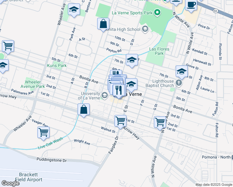 map of restaurants, bars, coffee shops, grocery stores, and more near 2326 D Street in La Verne