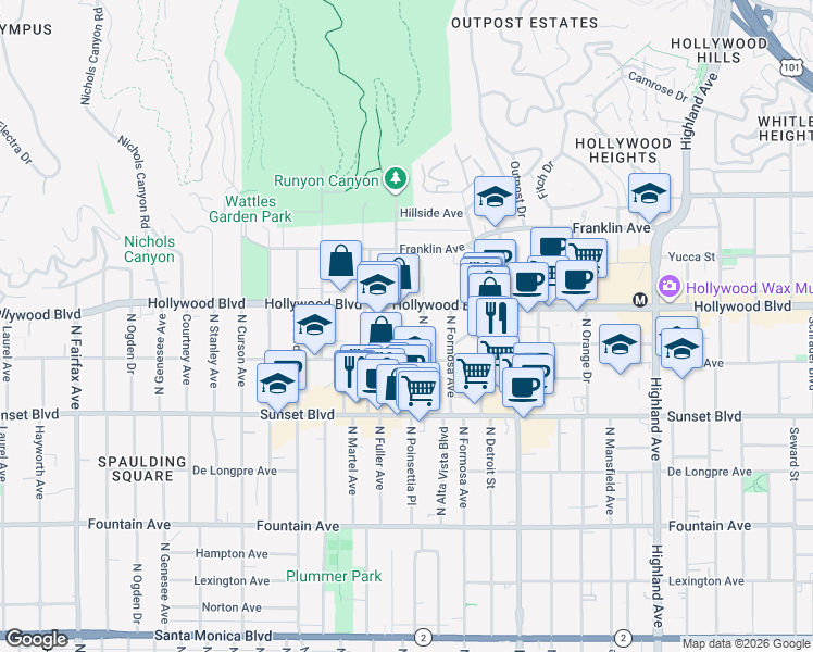 map of restaurants, bars, coffee shops, grocery stores, and more near 1636 North Fuller Avenue in Los Angeles
