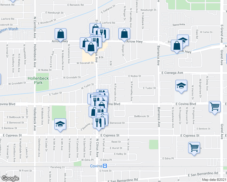 map of restaurants, bars, coffee shops, grocery stores, and more near 1173 North Fairvale Avenue in Covina