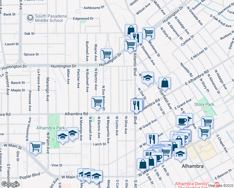 map of restaurants, bars, coffee shops, grocery stores, and more near 801 North Curtis Avenue in Alhambra