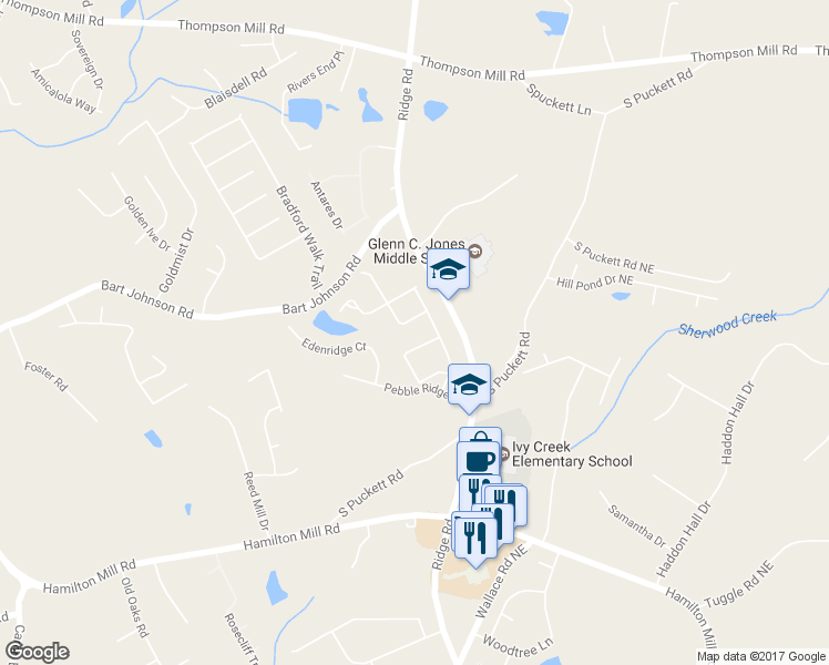 map of restaurants, bars, coffee shops, grocery stores, and more near 3570 Ridge Road in Buford