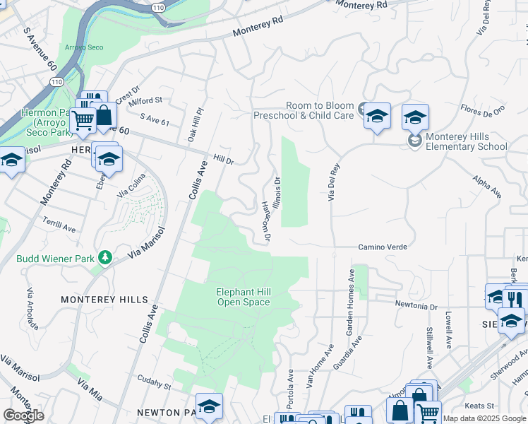 map of restaurants, bars, coffee shops, grocery stores, and more near Hanscom Drive in South Pasadena