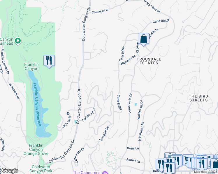 map of restaurants, bars, coffee shops, grocery stores, and more near 1634 Gilcrest Drive in Beverly Hills