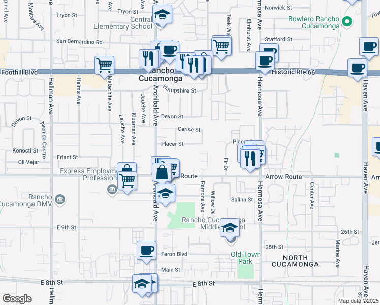 map of restaurants, bars, coffee shops, grocery stores, and more near 9806 Arrow Route in Rancho Cucamonga