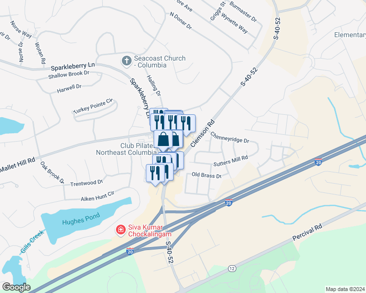 map of restaurants, bars, coffee shops, grocery stores, and more near 121 Sparkleberry Crossing Road in Columbia