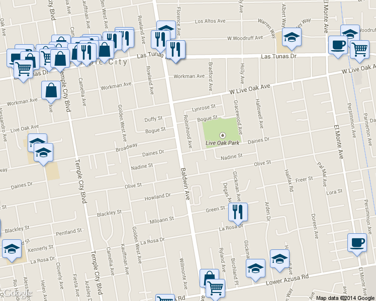 map of restaurants, bars, coffee shops, grocery stores, and more near 5505 Robinhood Avenue in Temple City
