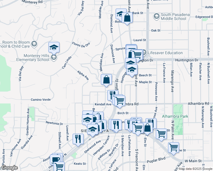 map of restaurants, bars, coffee shops, grocery stores, and more near 2004 Meridian Avenue in South Pasadena