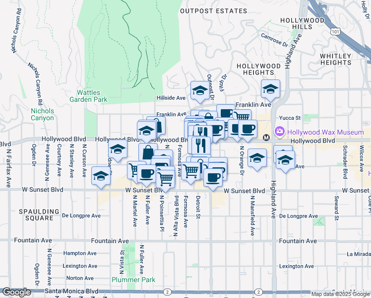 map of restaurants, bars, coffee shops, grocery stores, and more near 1640 North Formosa Avenue in Los Angeles