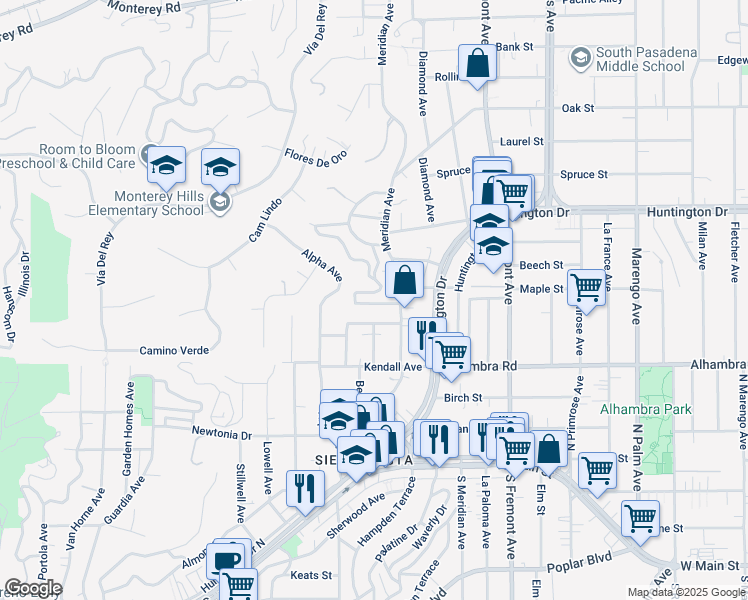 map of restaurants, bars, coffee shops, grocery stores, and more near 830 Bonita Drive in South Pasadena