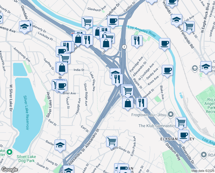 map of restaurants, bars, coffee shops, grocery stores, and more near 2587 1/2 Riverside Terrace in Los Angeles