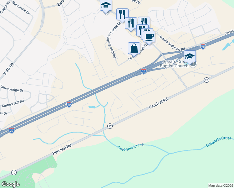 map of restaurants, bars, coffee shops, grocery stores, and more near Interstate 20 in Columbia