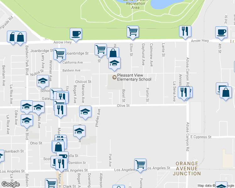 map of restaurants, bars, coffee shops, grocery stores, and more near 4847 Stancroft Avenue in Baldwin Park