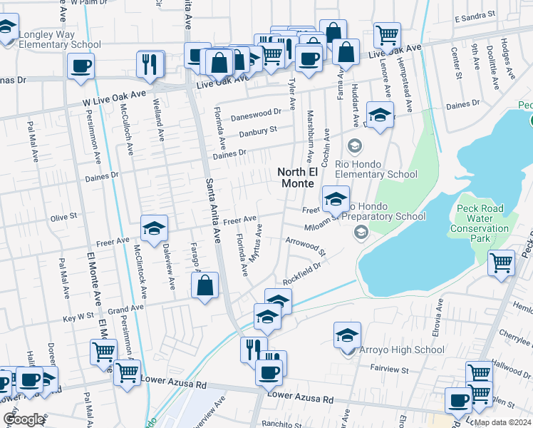 map of restaurants, bars, coffee shops, grocery stores, and more near 11155 Freer Street in Temple City