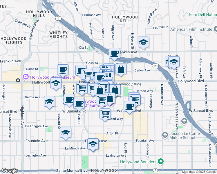 map of restaurants, bars, coffee shops, grocery stores, and more near in Los Angeles