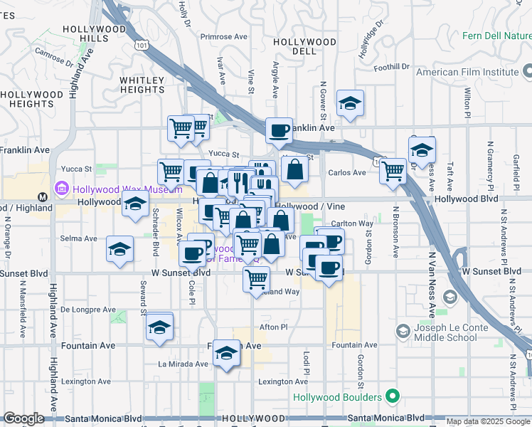 map of restaurants, bars, coffee shops, grocery stores, and more near 6250 Hollywood Boulevard in Los Angeles