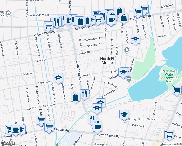 map of restaurants, bars, coffee shops, grocery stores, and more near 11125 Freer Avenue in Temple City