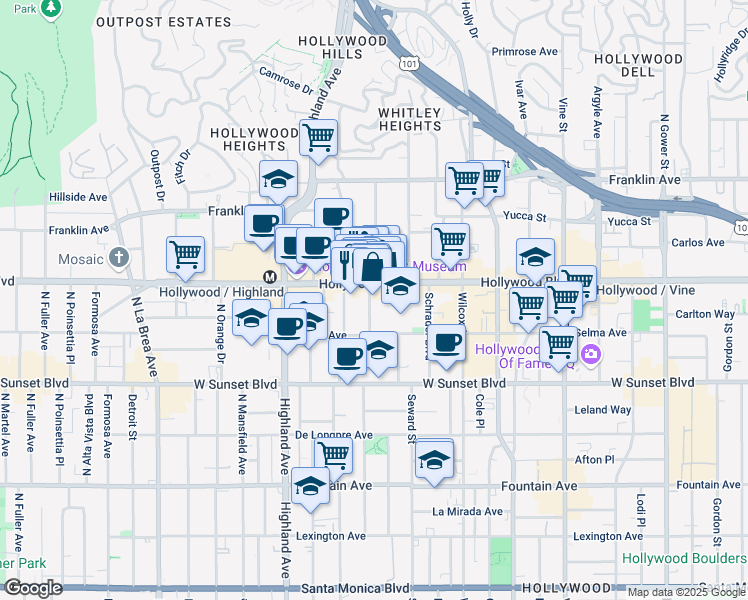 map of restaurants, bars, coffee shops, grocery stores, and more near 1644 North Cherokee Avenue in Los Angeles