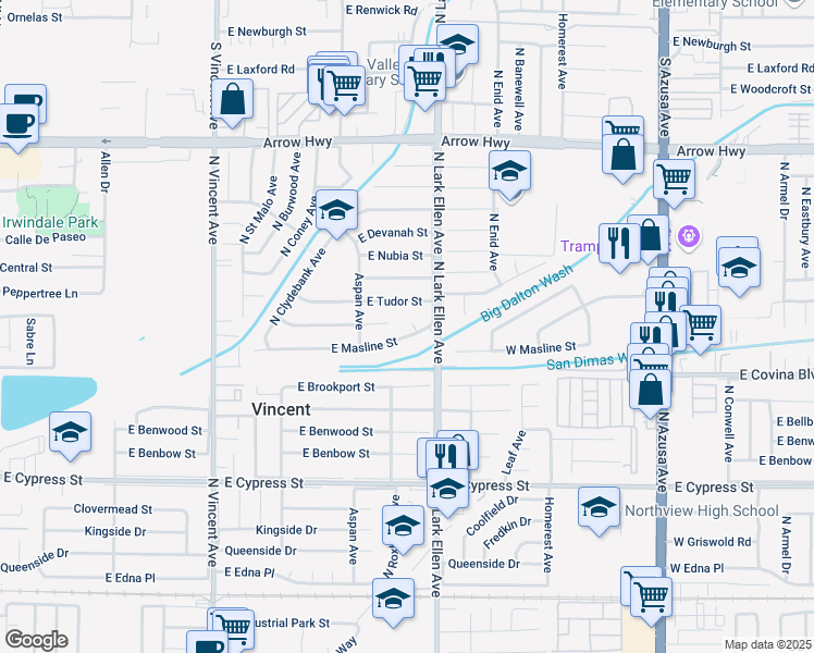 map of restaurants, bars, coffee shops, grocery stores, and more near 4909 North Roxburgh Avenue in Covina